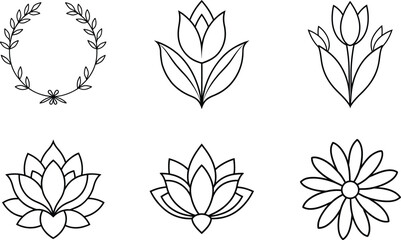 Floral Line Art Wreath, Tulips, Lotus, and Daisy Designs
