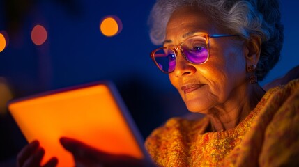 Warm Tech Integration Elderly Woman Engages with Digital Tablet in Cozy Lighting - Intergenerational Learning for Inclusive Modern Living and Family Tech Support