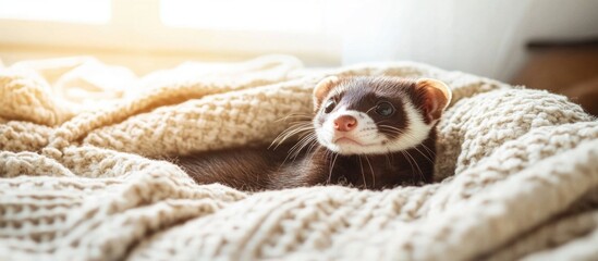 Obraz premium Happy ferret lounging in cozy bed with soft blanket and sunlight streaming in creating a warm and comfortable atmosphere.