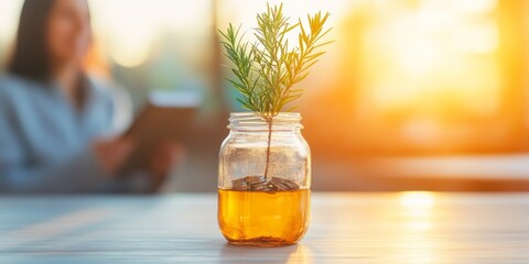 Sun-Drenched Sustainable Finance Setup Mason Jar with Coins and Evergreen Accent for Senior Housing Solutions - Modern Retirement Strategy and Eco-Friendly Planning