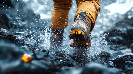 Close up shot of a mountaineers boots and pants hiking