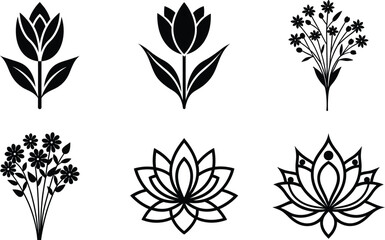 Elegant Black and White Floral Silhouettes Tulips, Daisies, Lotus