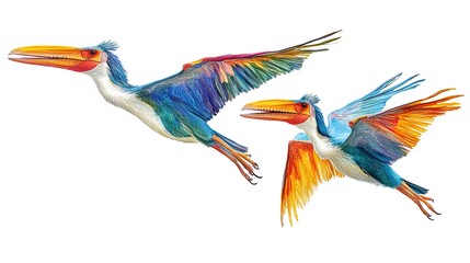 Obraz premium Vibrant Prehistoric Birds Soaring Against a Clean White Background in Stunning Detail