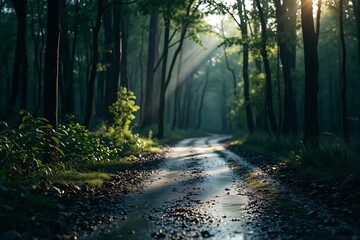 Obraz premium Calm forest scene with a curving path, natural greenery, and sunlight peeking through trees，creating a tranquil and peaceful atmosphere.