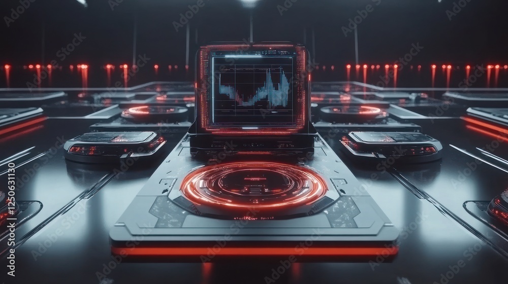 Poster futuristic data analysis interface: sci-fi monitoring station with graph display