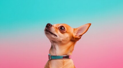 Y2K Aesthetic Pet Portrait Metallic Collared Chihuahua on Gradient Canvas - Modern Digital Decor for Influencer Branding and Viral Marketing Campaigns