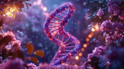 Fototapeta premium Glowing DNA helix in magical garden with sparkling bokeh background for science visuals