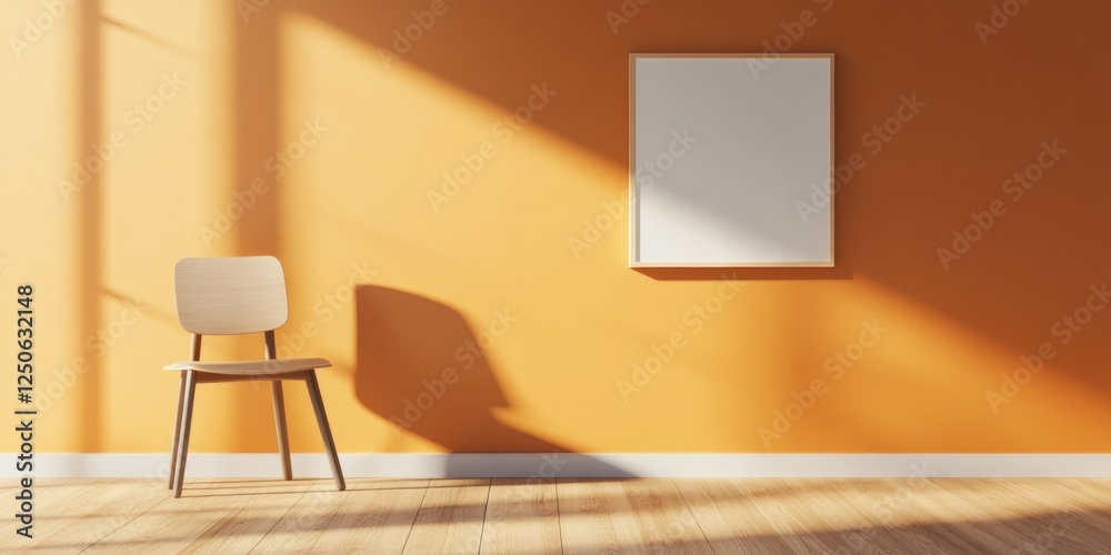 Aufkleber minimalist classroom aesthetic modern wooden chair and blank canvas on warm orange walls - contempor