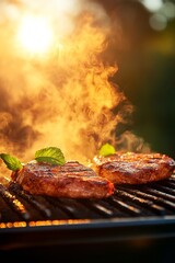 Charcoal-Grilled Gourmet Cuts Sunlit Barbecue with Herbal Finishes - Outdoor Culinary Content for Summer Entertaining and Restaurant Promotion