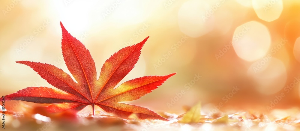 Poster vibrant red autumn leaf resting in a garden with soft bokeh background creating a warm and tranquil 
