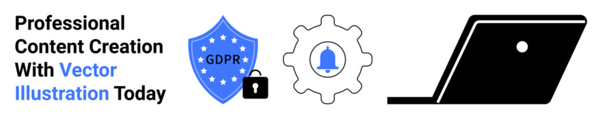Shield with GDPR text, lock, gear with alert icon, laptop. Ideal for data protection, privacy, workflow, content creation security technology digital tools. Abstract line flat metaphor