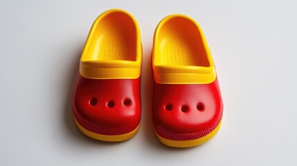 Bright red and yellow baby clogs on a clean white background showcasing playful children's footwear for safety and comfort.