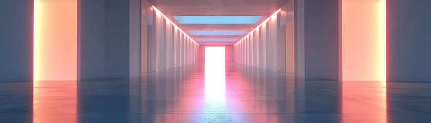 Fototapeta premium Futuristic corridor, glowing lights, bright exit, sleek design, website banner