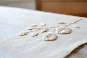 Naturalistic Embroidery Textures Exquisite Floral Needlework on Linen for Artistic Textile Collections in Cultural Craft Merchandising and Interior Design Inspiration