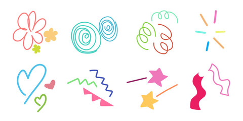 Abstract shapes sticker pack. Element set of decorative organic symbol. Doodle, flower, heart, star, confetti, lines in trendy cartoon style. Simple icon and colorful drawing. Vector illustration.