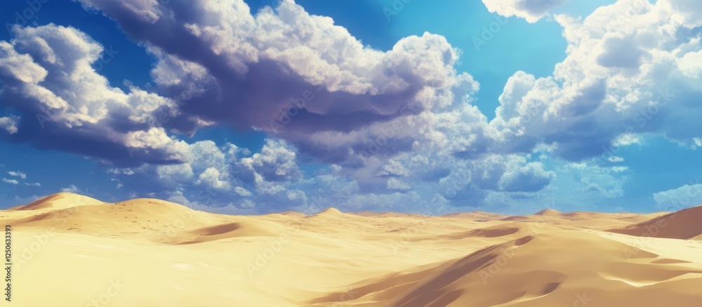 Poster Vast sandy desert landscape with rolling dunes and a dramatic cloudy sky in the background creating a serene natural scene.