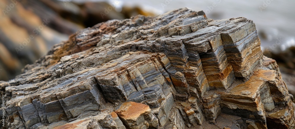 Poster close-up texture of opoka stones with layered patterns on a mountain shore, showcasing natural geolo