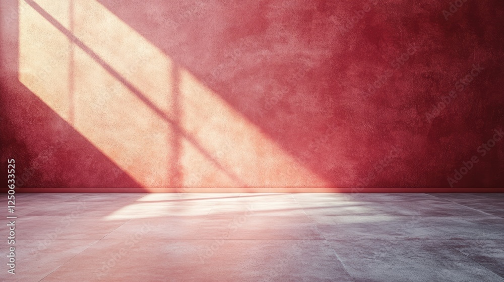 Poster red textured wall and cement floor with natural light creating an inviting space for text placement 