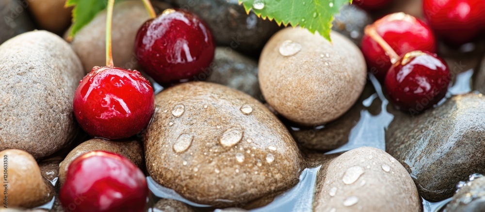 Aufkleber ripe cherries resting on smooth stones with droplets in a tranquil natural setting showcasing harmon