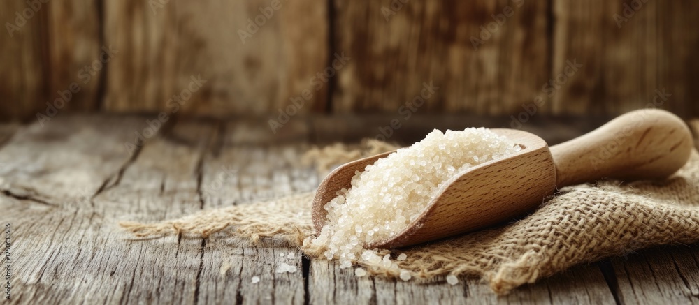 Poster wooden scoop with sugar on rustic wooden table with burlap, emphasizing natural textures and warm to