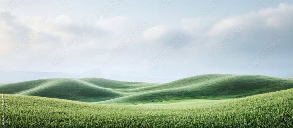 Poster expansive rolling green hills on a serene golf course landscape with unobstructed space for text or 