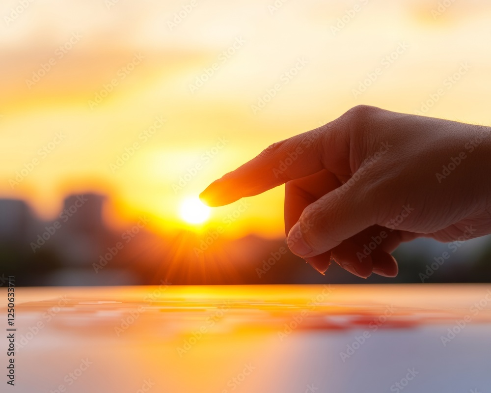 Poster sunset-toned data analysis hand gesturing over graphs on refined desk - business innovation in finan