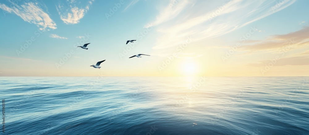 Poster serene ocean horizon at sunset with flying birds and vibrant clouds reflecting in the calm water cre