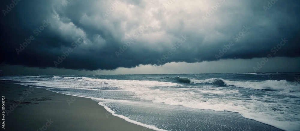 Poster stormy north sea beach with strong waves and gloomy sky creating sea foam ideal for writing and copy