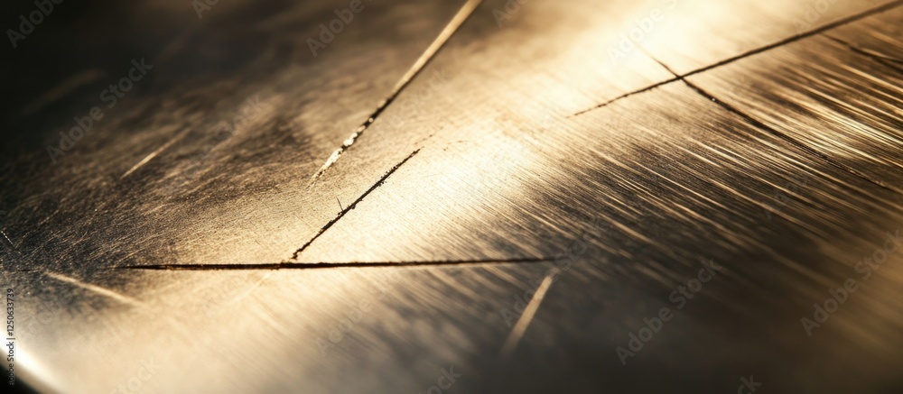 Poster detailed close-up of scratches on a shiny metal surface illuminated by neutral light showcasing text