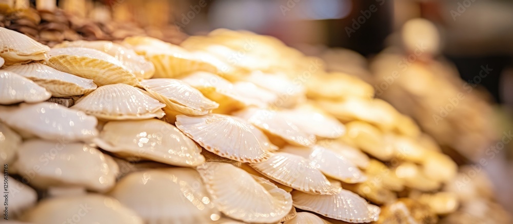 Poster sea shells displayed as souvenirs in a vibrant market setting with selective focus and warm tones hi