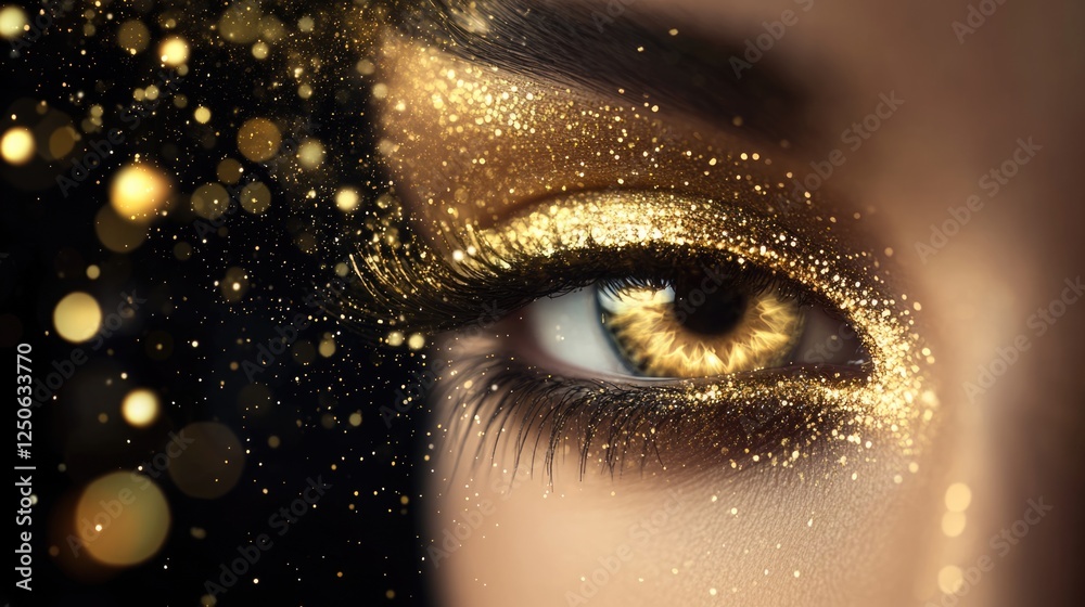 Poster golden glitter bokeh background with vibrant sparkles and defocused lights enhancing a captivating e