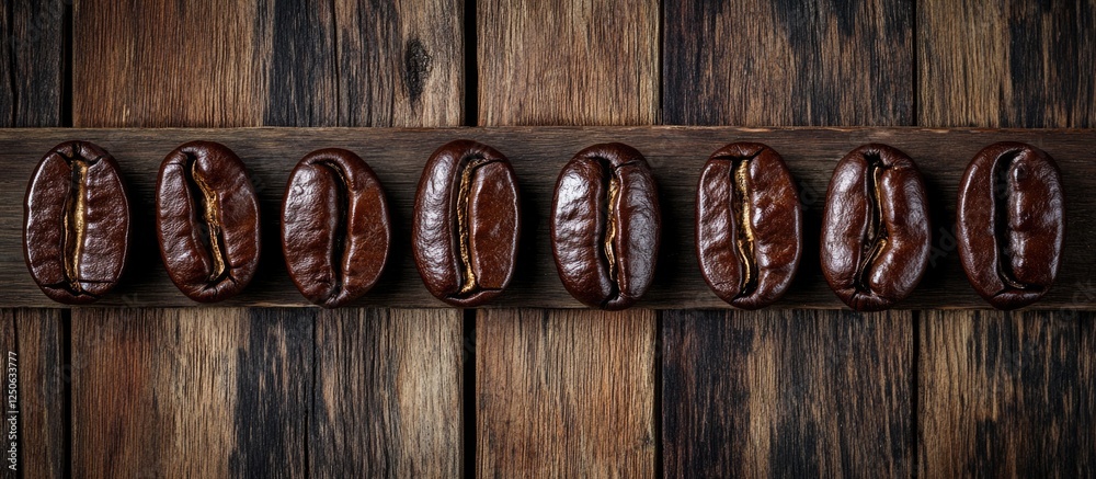 Poster roasted coffee beans arranged on a rustic wooden background creating an inviting and warm aesthetic 