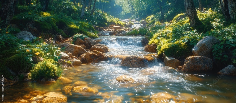 Poster Mountain stream with smooth river stones surrounded by lush greenery and dappled sunlight filtering through trees.