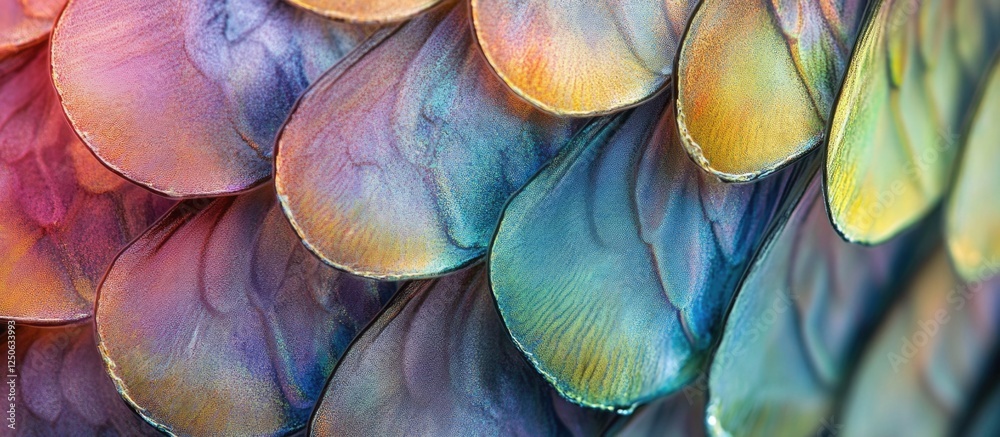 Poster colorful close-up of fish scales showcasing iridescent hues and intricate textures in a vibrant unde
