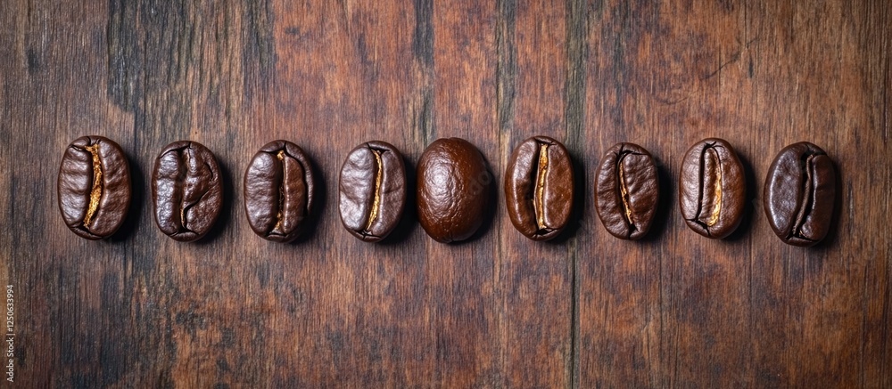 Poster roasted coffee beans arranged in a row on a rustic wooden background showcasing texture and detail f