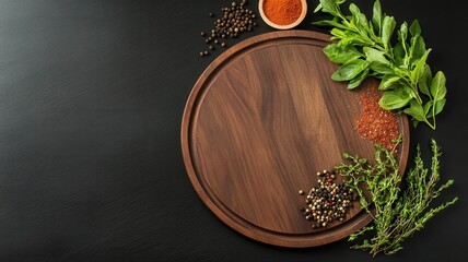 Rustic wooden pizza platter adorned with fresh herbs and vibrant spices for a flavorful culinary presentation.