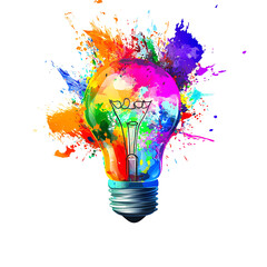 light bulb with colorful splashes isolated on white background PNG.AI GENERATED