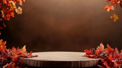 Wooden podium elegantly decorated with vibrant red autumn leaves, capturing the essence of fall.