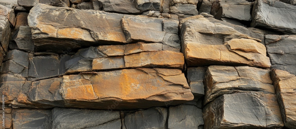 Poster Close-up view of brown coastal rocks showcasing intricate textures and layers at a seaside location in Northumberland.