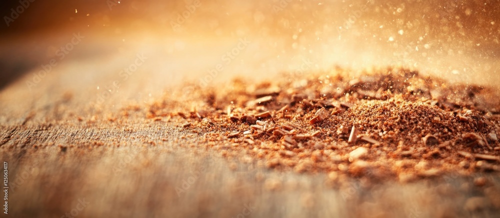 Aufkleber Sawdust scattered on timber surface with wood chips creating a rustic background texture for woodworking and craftsmanship themes
