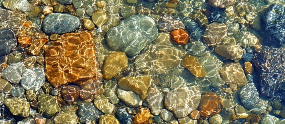Poster Crystal clear riverbed stones illuminated by sunlight with captivating reflections and textures in a full frame HDR image