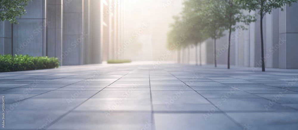 Poster urban landscape featuring sunlit pathways made of grey floor tiles, lined with trees and modern arch