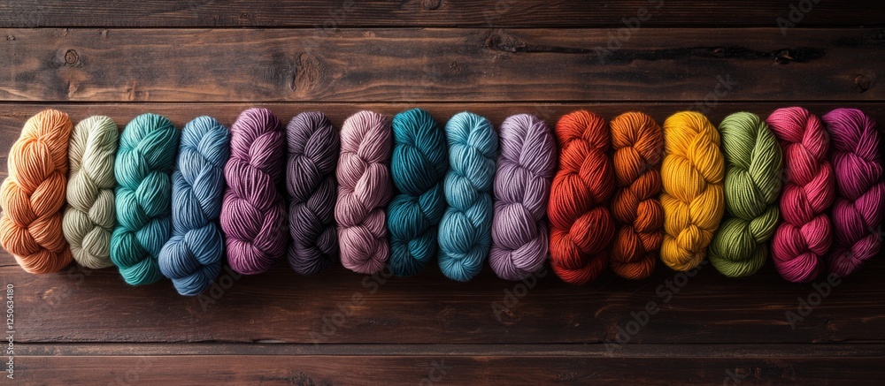 Poster colorful skeins of yarn in various shades arranged neatly on a rustic wooden table showcasing the be