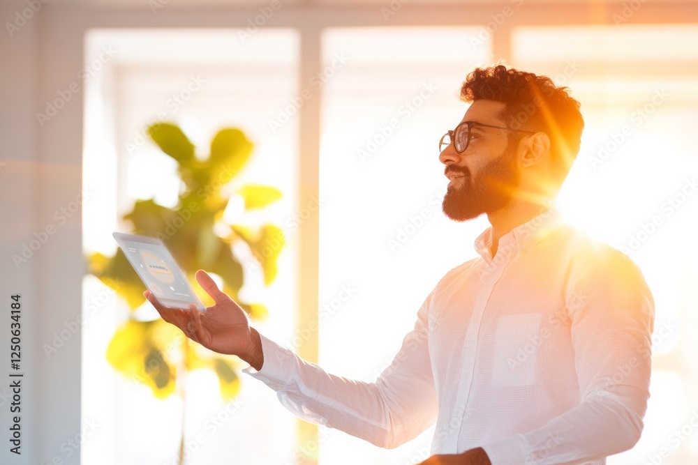 Aufkleber Sunlit Workspace Presentation Confident Indian Presenter Showcases AI App Prototype on Tablet - Startup Innovation and Team Collaboration in Modern Office