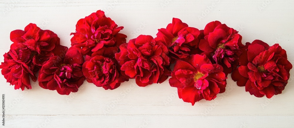 Poster vibrant red scarlet roses elegantly arranged on a light wooden surface creating a serene and romanti