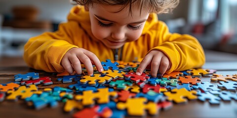 Banner, An autistic child`s hands play colorful jigsaw puzzle symbol of public awareness for autism spectrum disorder. autistic child`s hands playing a puzzle. World Autism Awareness day April 2
