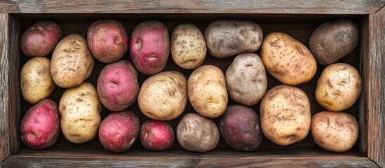Variety of colorful potato tubers in a rustic wooden box showcasing the diverse textures and colors of Solanum tuberosum.