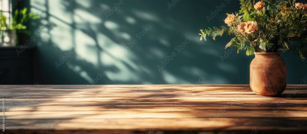 Poster rustic wooden dining table with flowers in cozy home setting and soft shadows creating a warm ambian