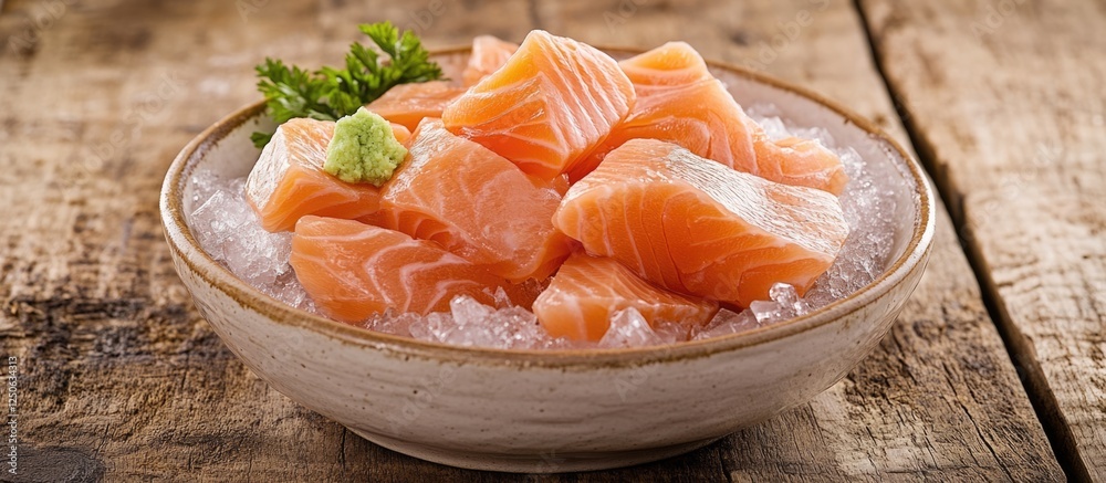 Poster sashimi salmon served on ice with wasabi in a bowl showcasing authentic japanese cuisine on a rustic