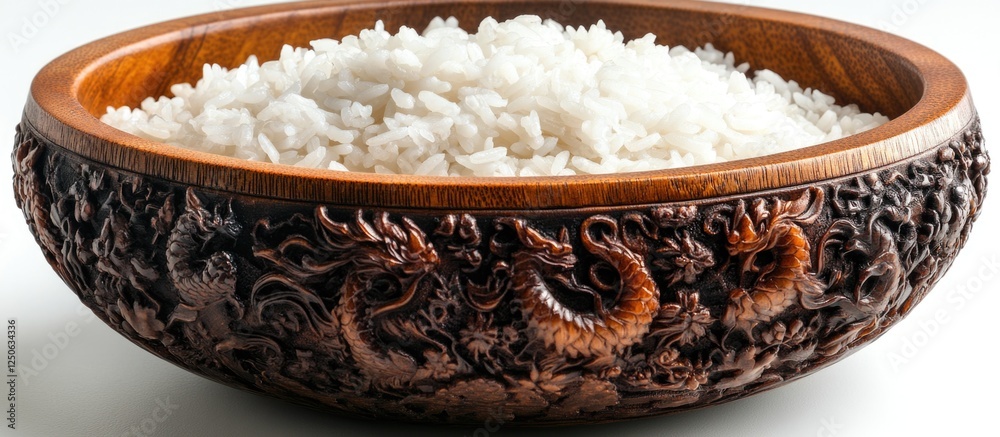 Poster decorative wooden bowl filled with fluffy white rice isolated on a plain white background showcasing